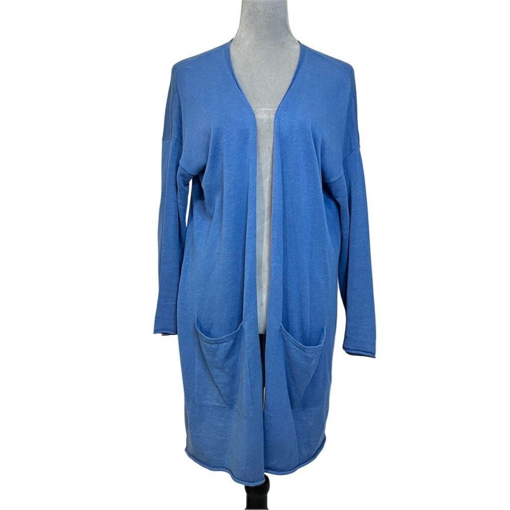 Eileen Fisher Organic Linen Blend Cardigan Blue Knit Sweater M Open Front